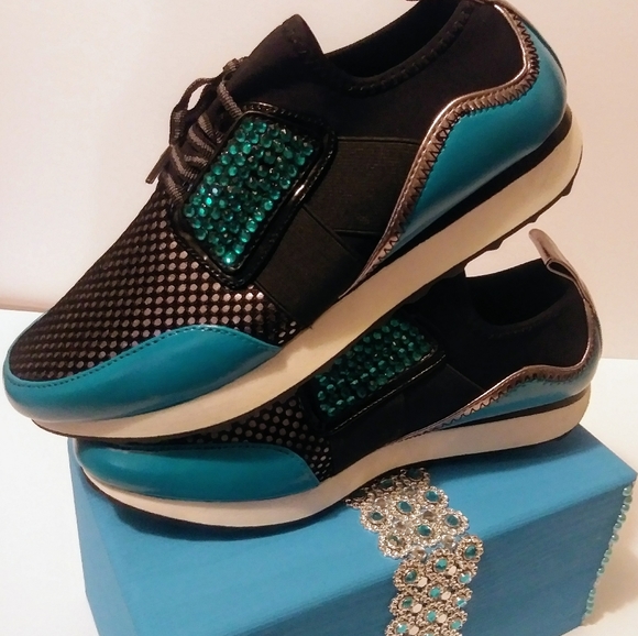 🆕 Turquoise & Black Sneakers w/ faux rhinestones - Picture 2 of 4